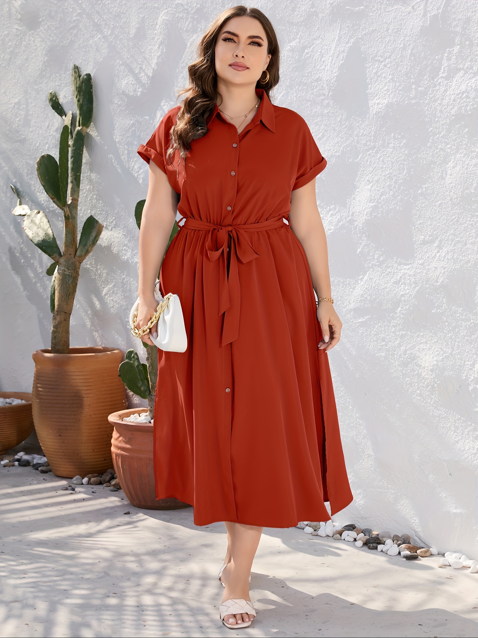 plus size solid color lapel neck dress elegant short sleeve button front side split dress for spring summer womens plus size clothing details 8