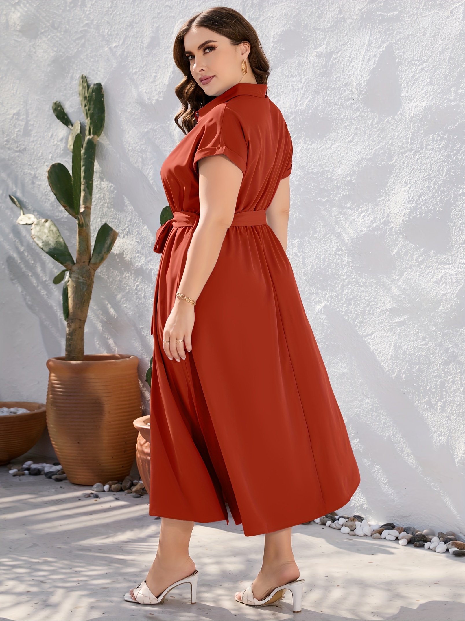 plus size solid color lapel neck dress elegant short sleeve button front side split dress for spring summer womens plus size clothing details 10