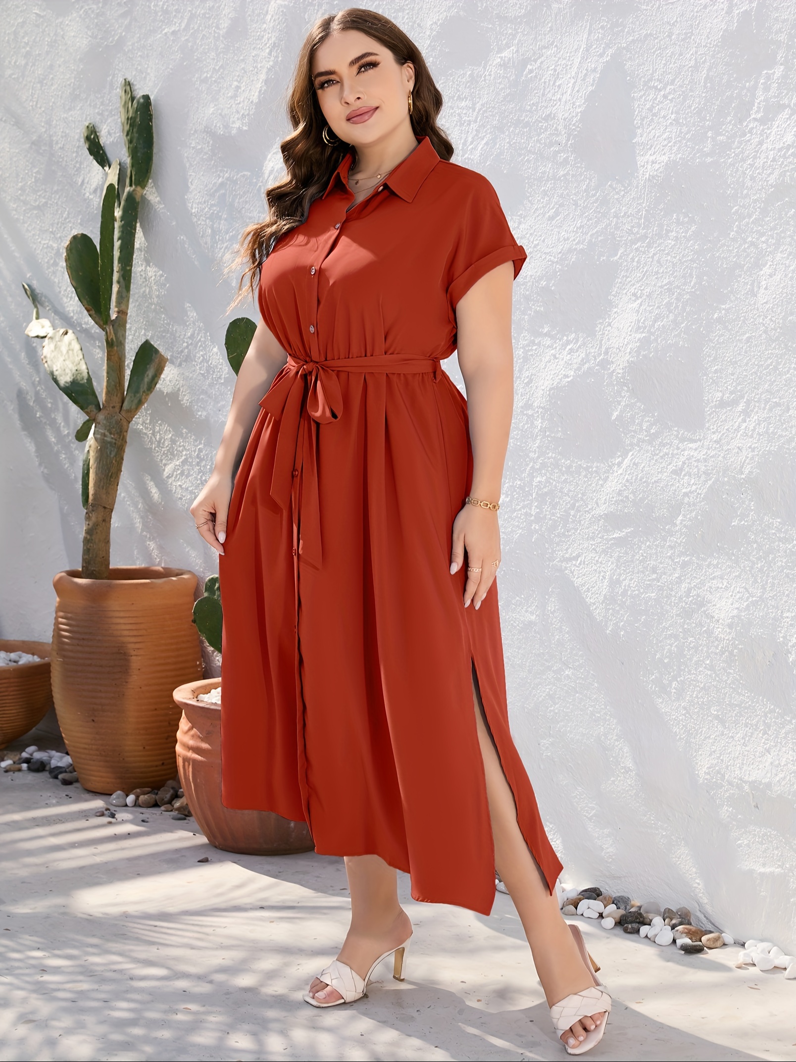 plus size solid color lapel neck dress elegant short sleeve button front side split dress for spring summer womens plus size clothing details 11