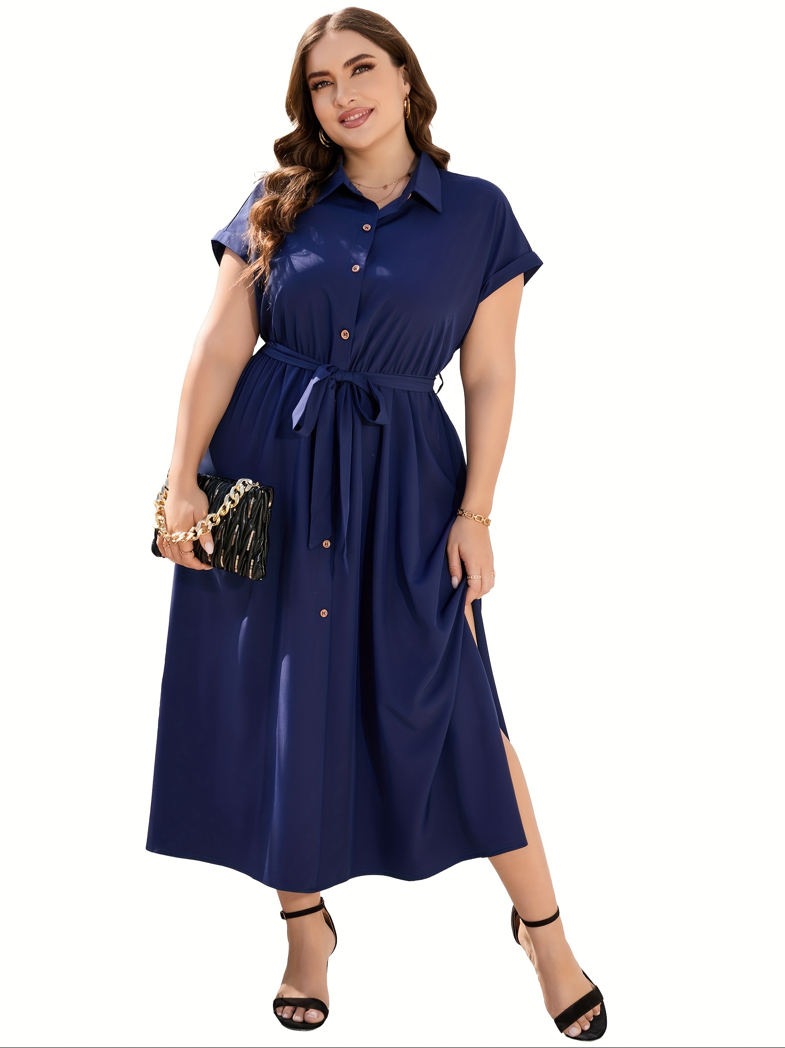 plus size solid color lapel neck dress elegant short sleeve button front side split dress for spring summer womens plus size clothing details 12