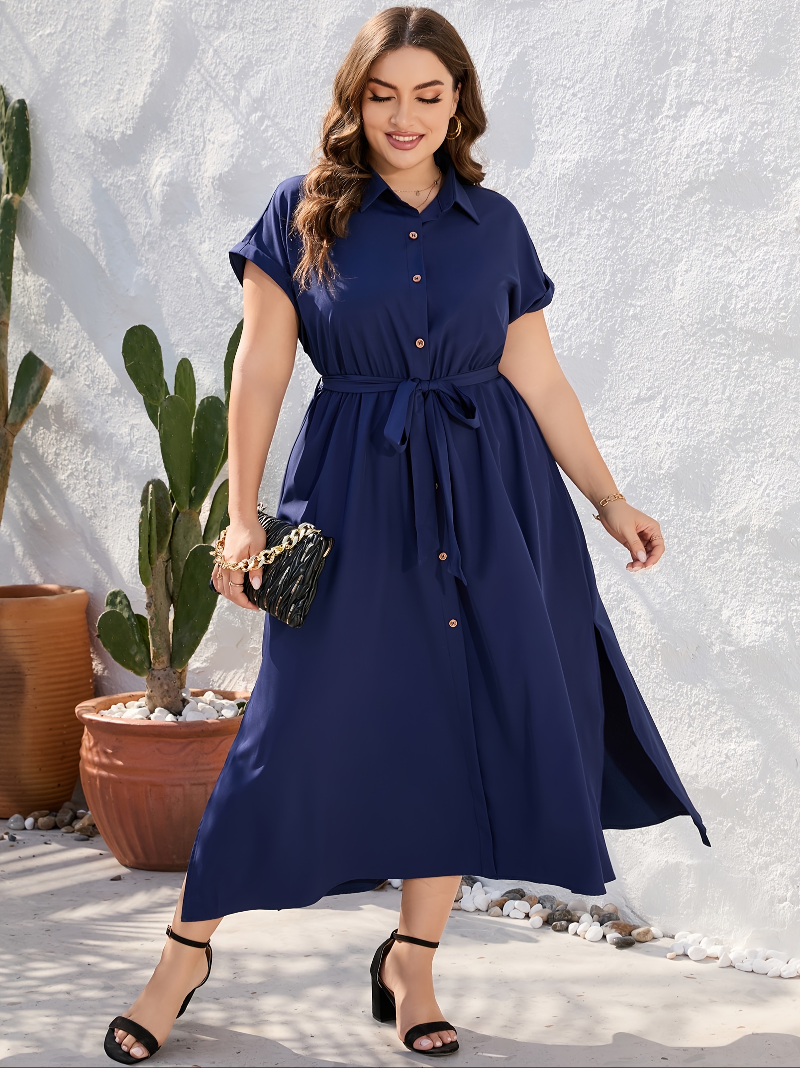 plus size solid color lapel neck dress elegant short sleeve button front side split dress for spring summer womens plus size clothing details 13