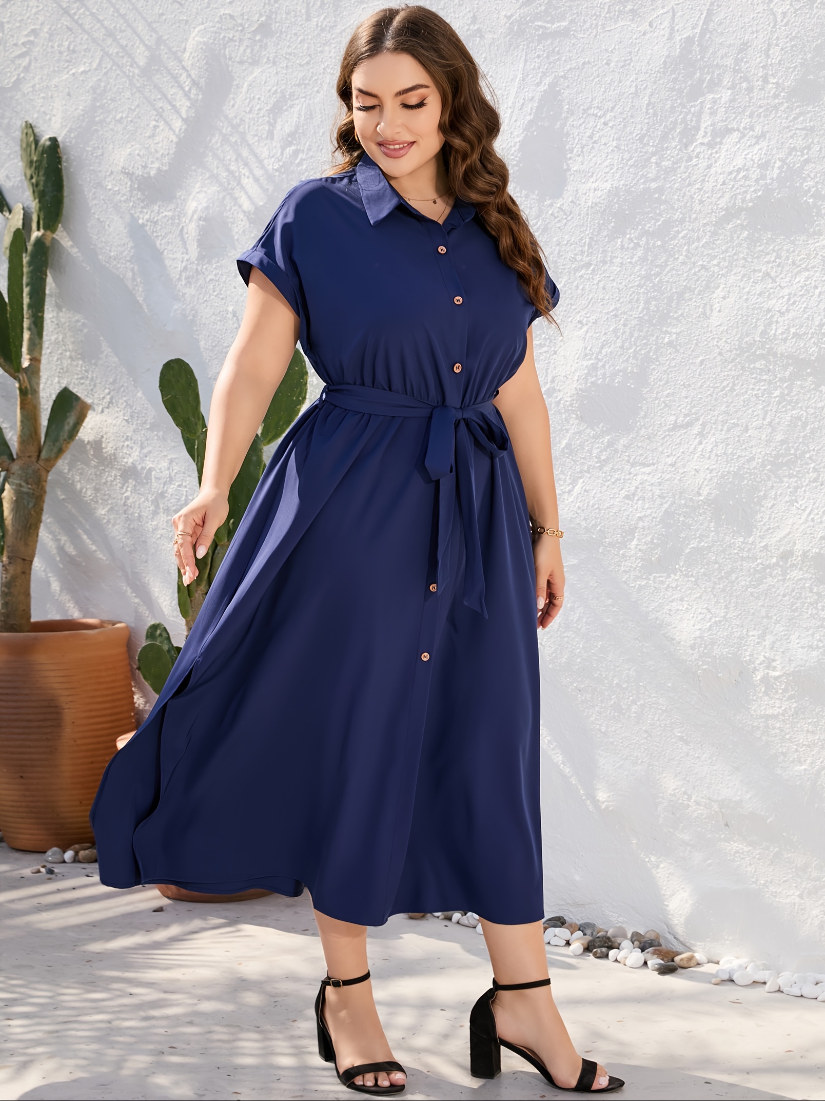 plus size solid color lapel neck dress elegant short sleeve button front side split dress for spring summer womens plus size clothing details 14