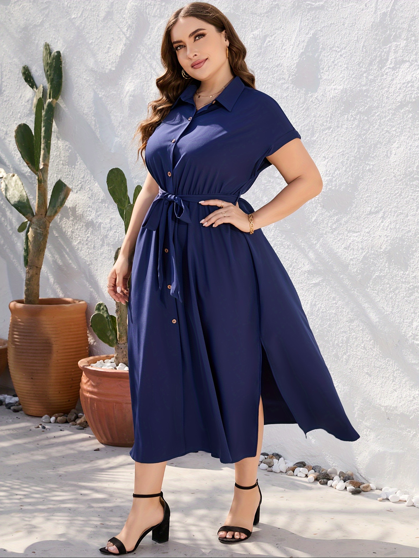 plus size solid color lapel neck dress elegant short sleeve button front side split dress for spring summer womens plus size clothing details 15