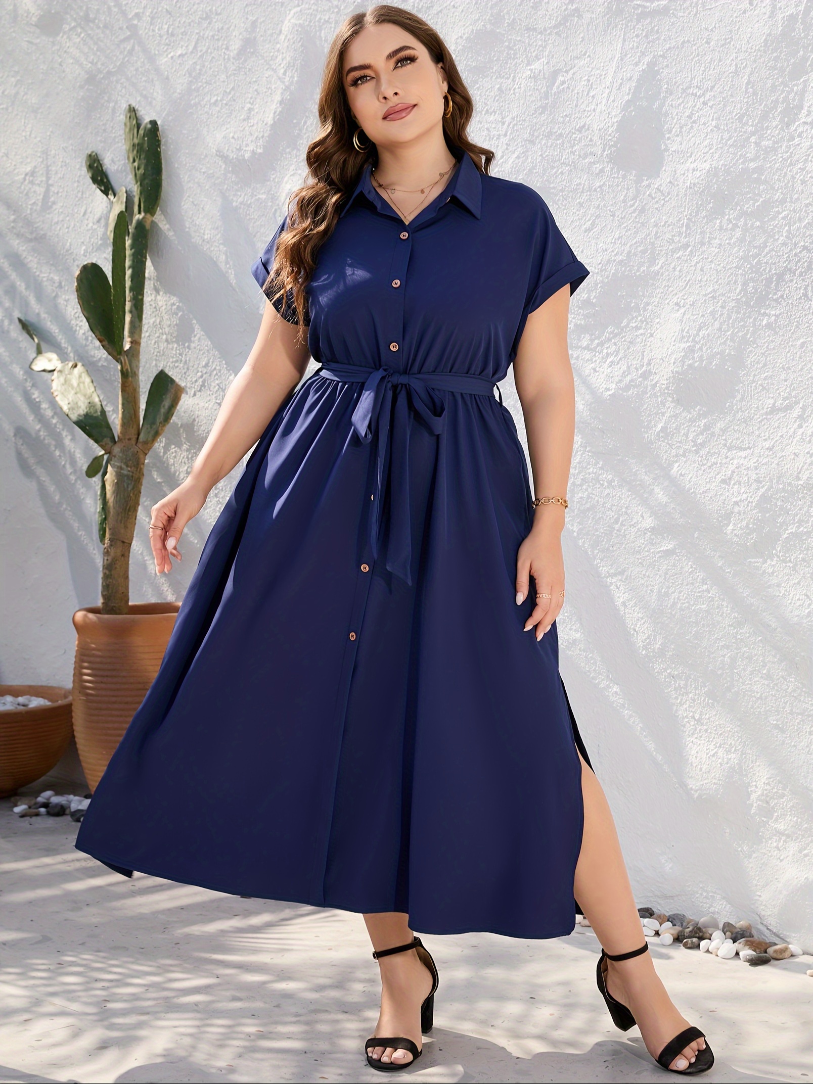 plus size solid color lapel neck dress elegant short sleeve button front side split dress for spring summer womens plus size clothing details 17