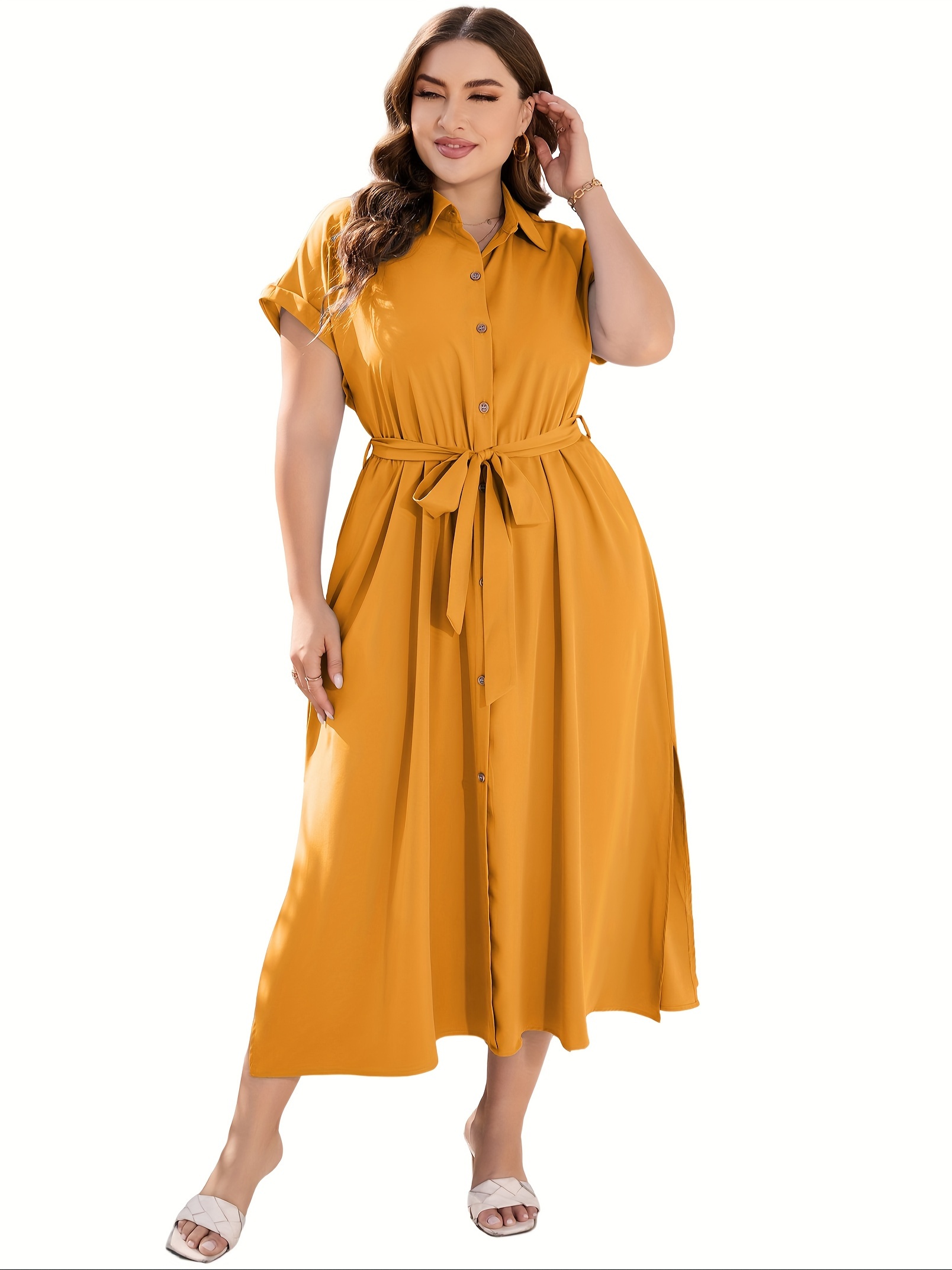 plus size solid color lapel neck dress elegant short sleeve button front side split dress for spring summer womens plus size clothing details 24