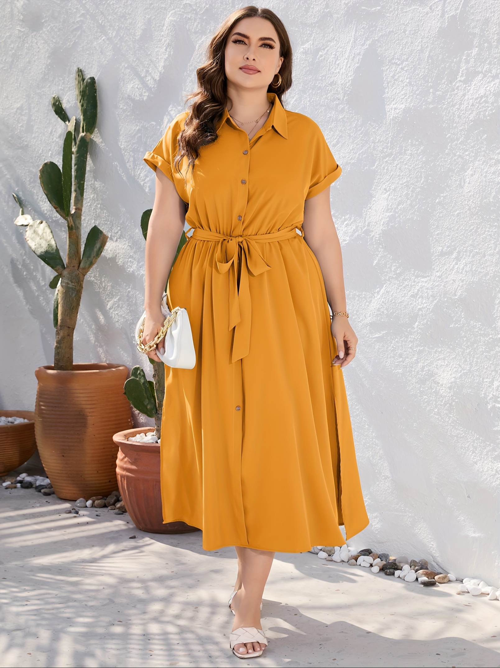 plus size solid color lapel neck dress elegant short sleeve button front side split dress for spring summer womens plus size clothing details 25