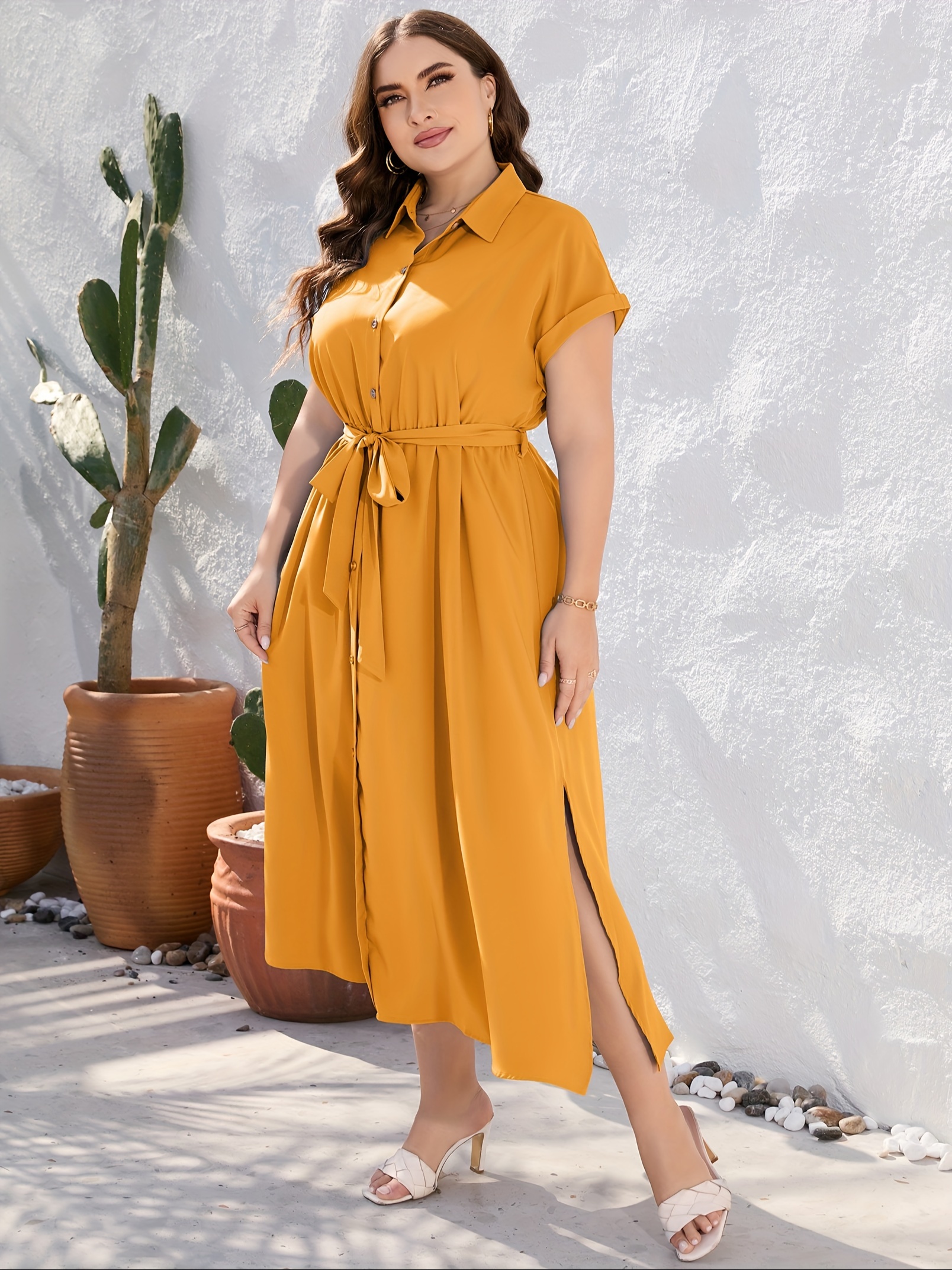 plus size solid color lapel neck dress elegant short sleeve button front side split dress for spring summer womens plus size clothing details 26