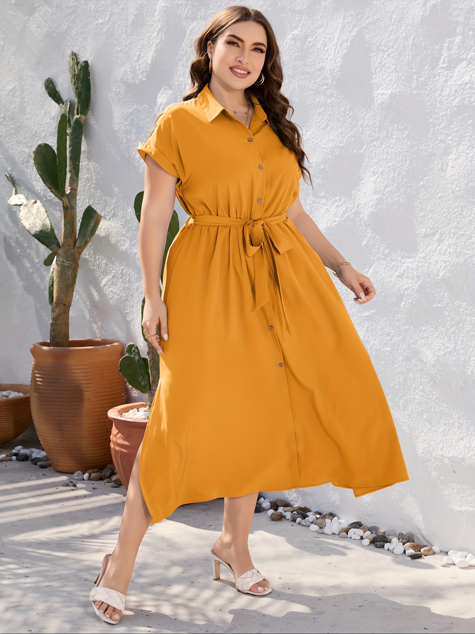 plus size solid color lapel neck dress elegant short sleeve button front side split dress for spring summer womens plus size clothing details 28