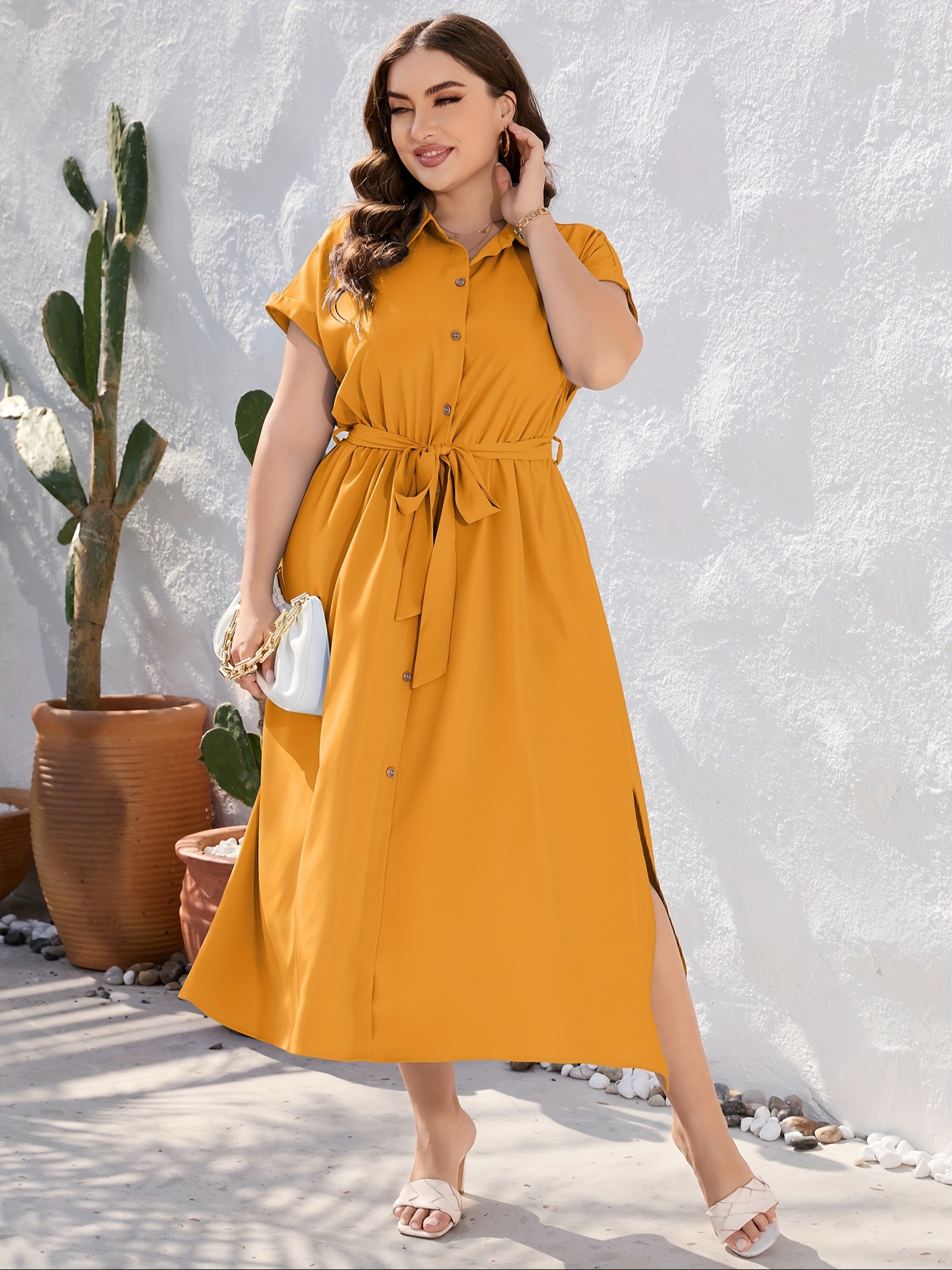 plus size solid color lapel neck dress elegant short sleeve button front side split dress for spring summer womens plus size clothing details 29