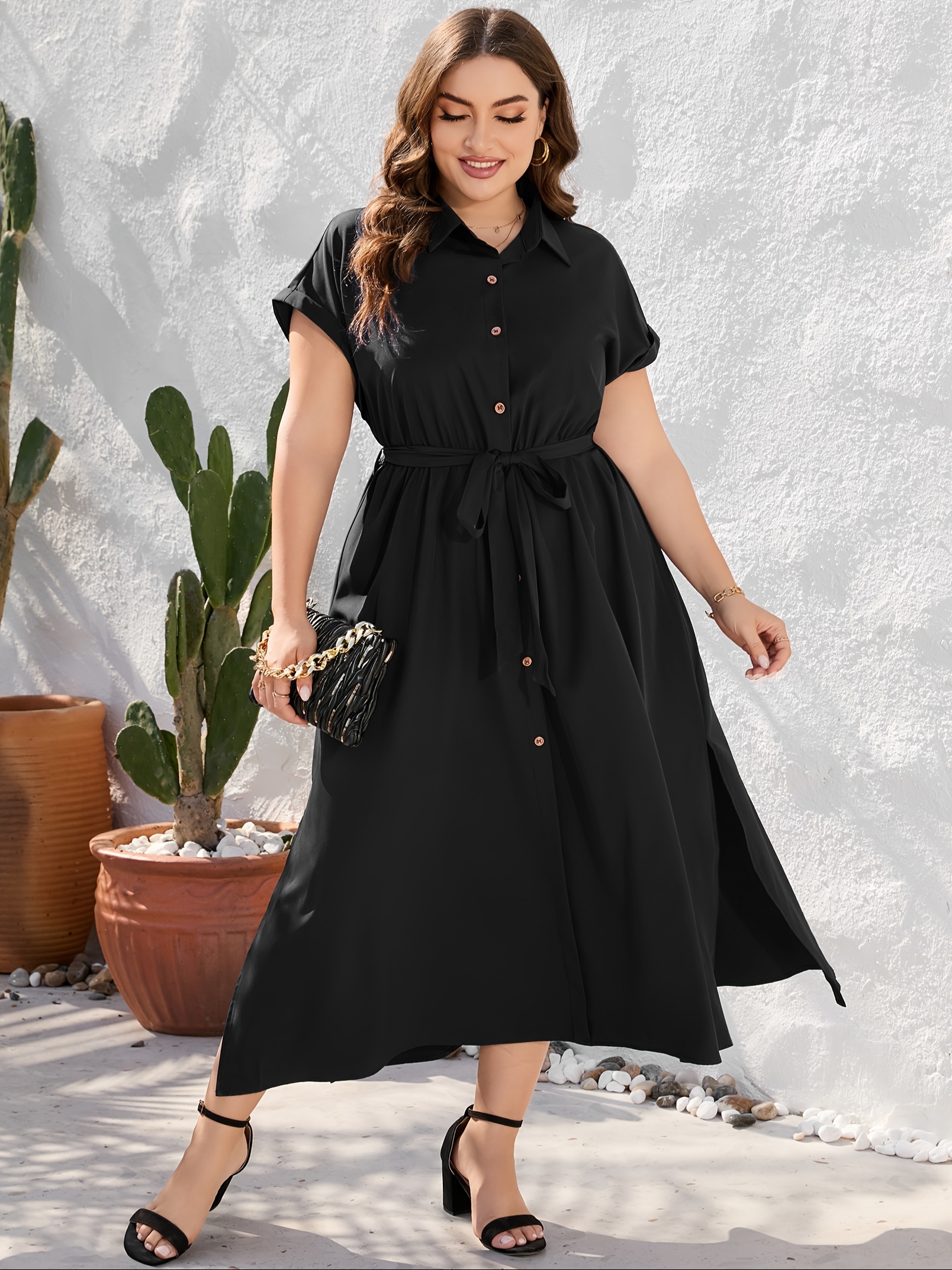 plus size solid color lapel neck dress elegant short sleeve button front side split dress for spring summer womens plus size clothing details 32