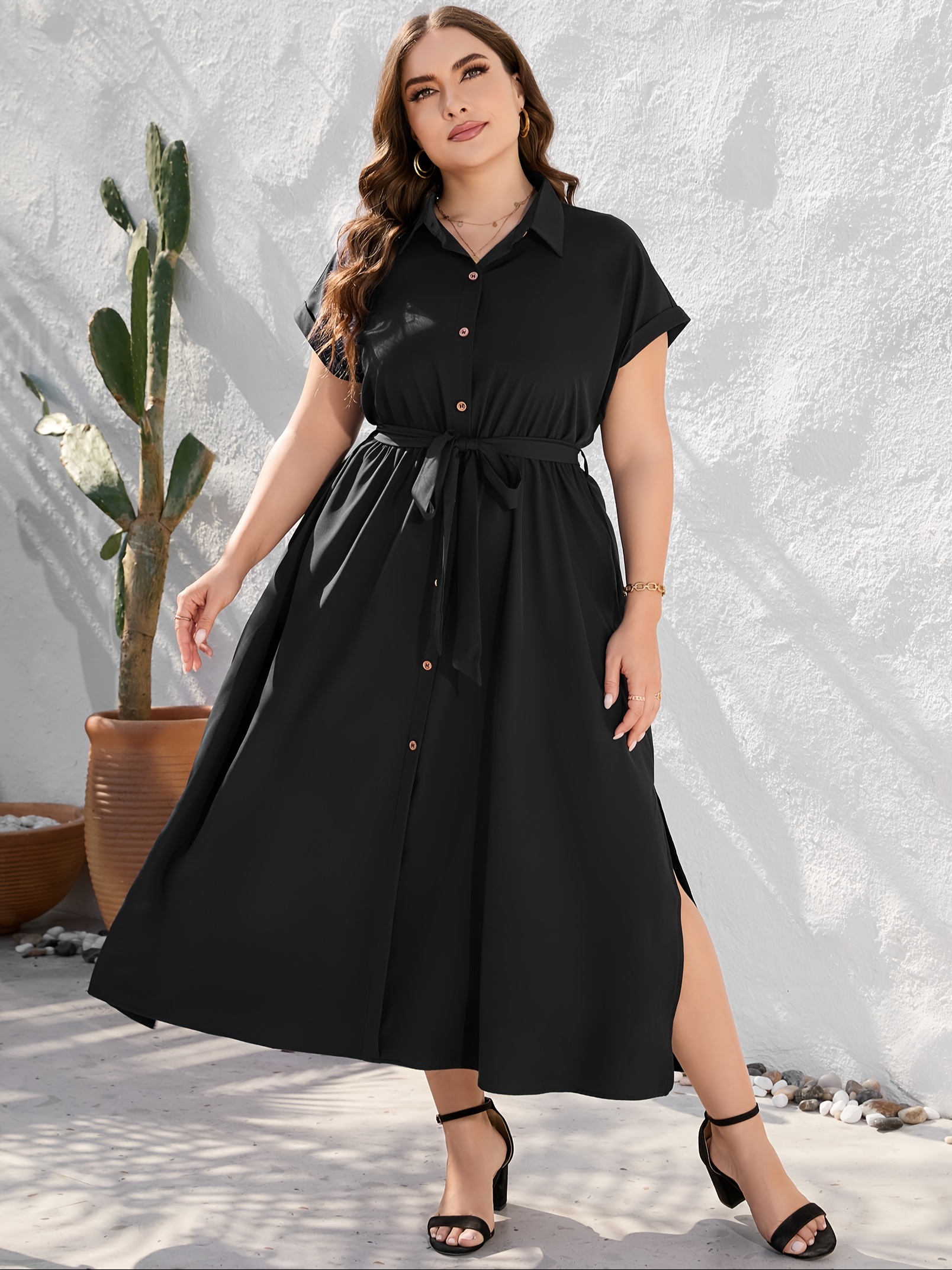 plus size solid color lapel neck dress elegant short sleeve button front side split dress for spring summer womens plus size clothing details 34