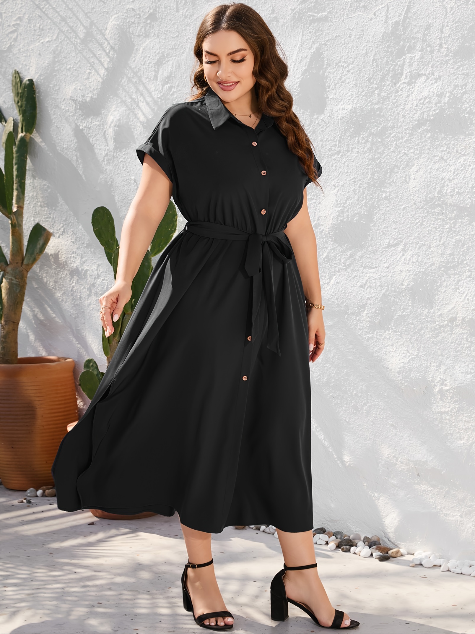 plus size solid color lapel neck dress elegant short sleeve button front side split dress for spring summer womens plus size clothing details 35