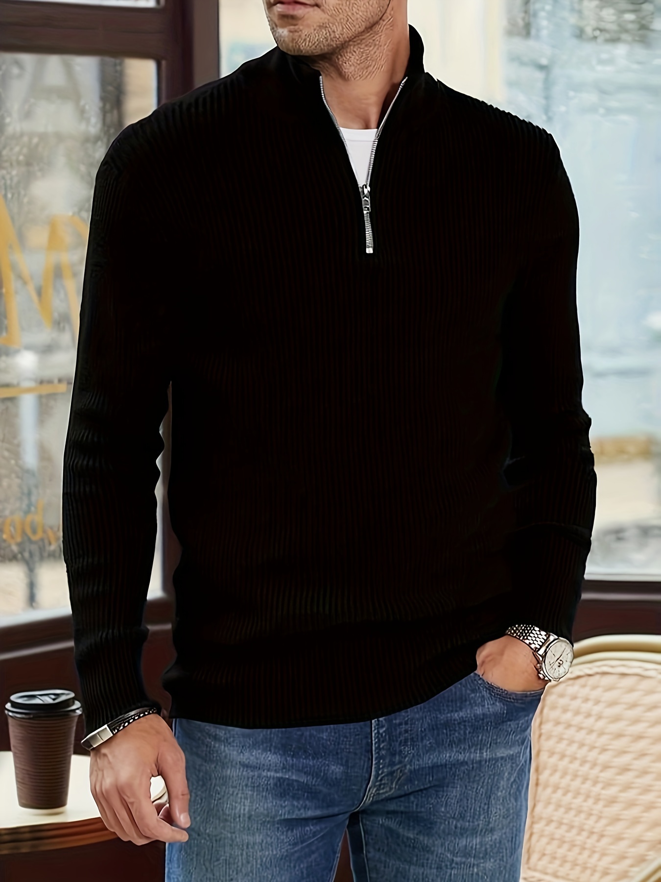 plus size mens solid knit pullover for spring fall details 2