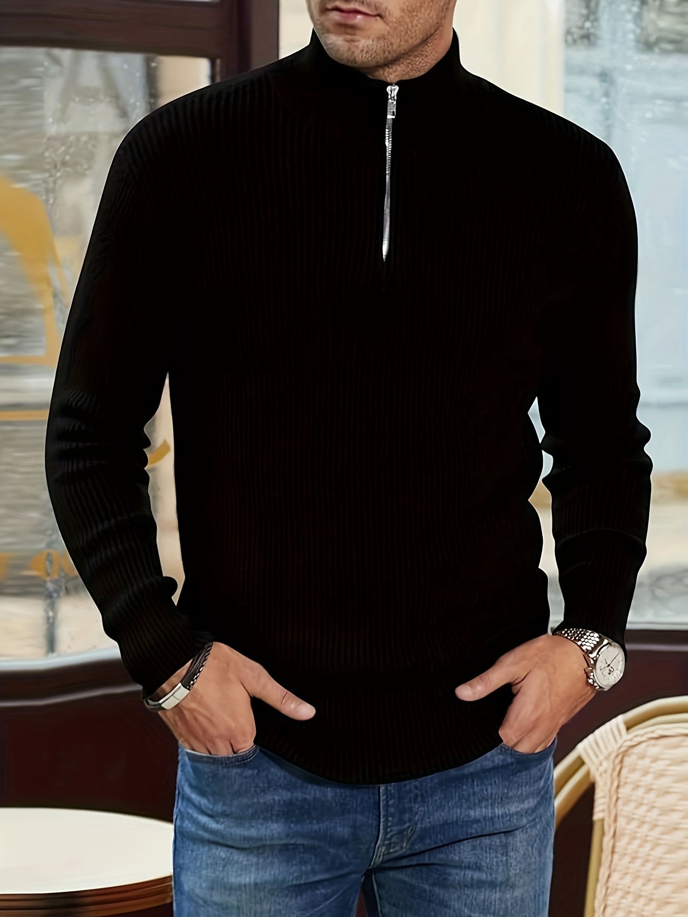 plus size mens solid knit pullover for spring fall details 3