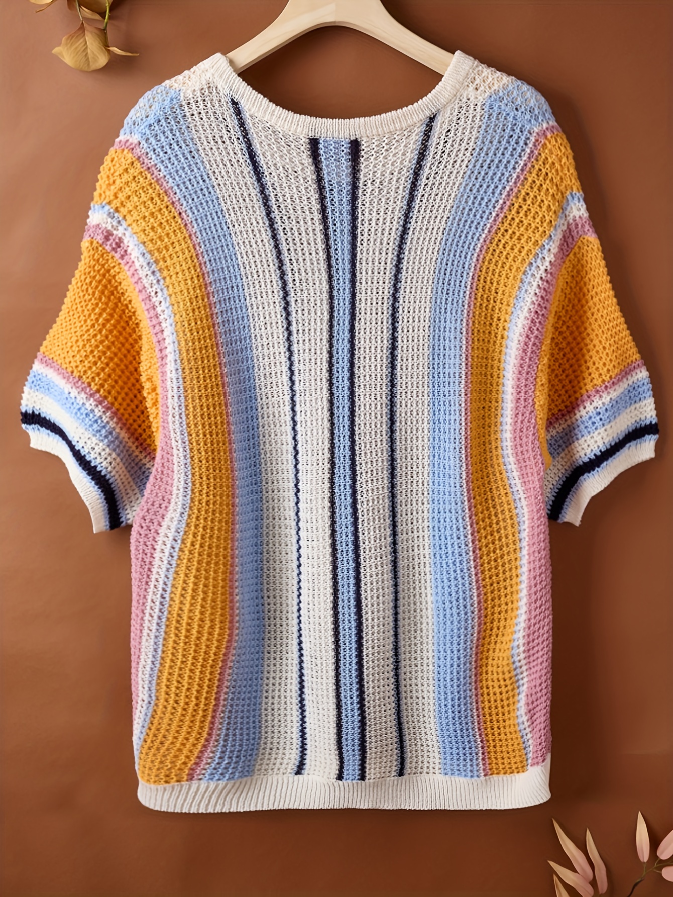 plus size mens casual color block striped knit sweater loose fit summer pullover breathable short sleeve vacation style details 0