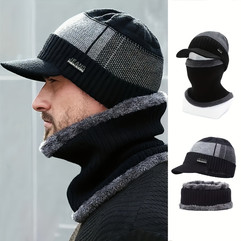 2pcs set outdoor windproof lightweight striped warm hat with velvet neck for outdoor sports skiing details 2