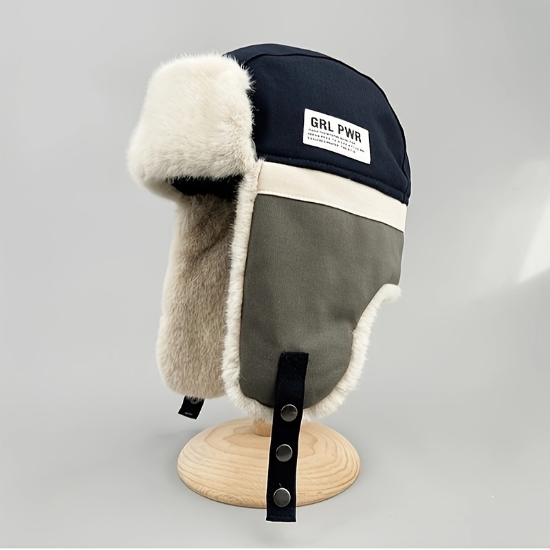 1pc retro fashionable plush versatile winter trapper hat with stitching letters for going out details 0