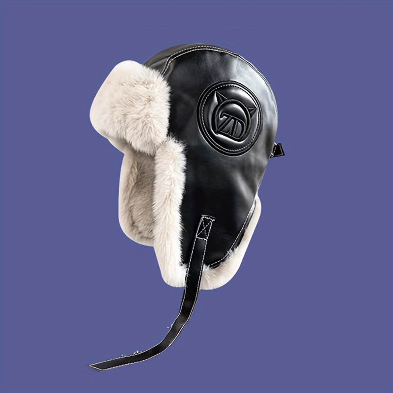 1pc retro black leather plush versatile winter trapper hat with ear protection for going out details 3