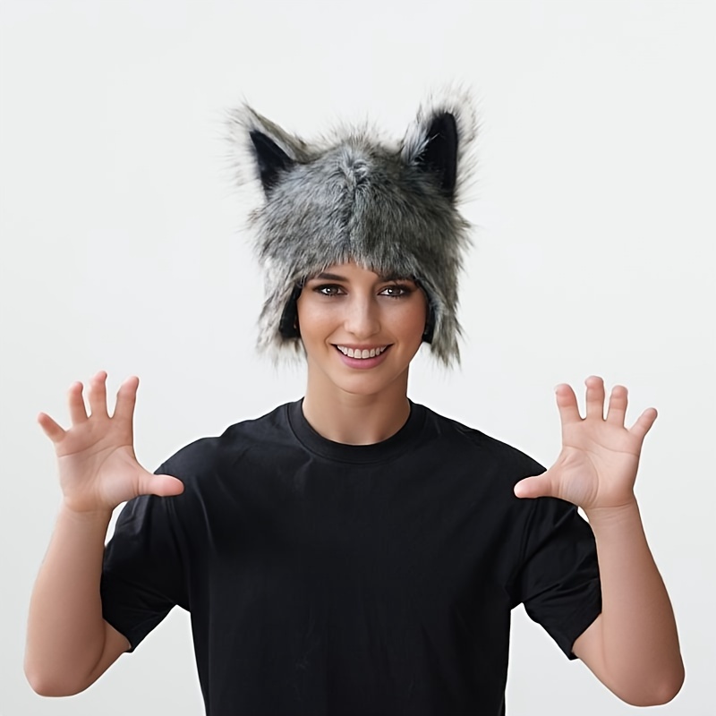 unisex wolf plush street style hat animal themed headwear for halloween christmas party costume for men women details 3