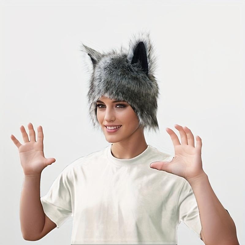 unisex wolf plush street style hat animal themed headwear for halloween christmas party costume for men women details 4