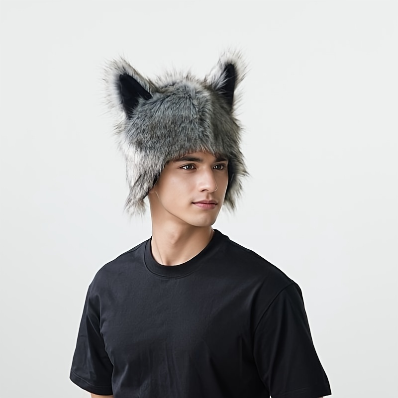 unisex wolf plush street style hat animal themed headwear for halloween christmas party costume for men women details 5