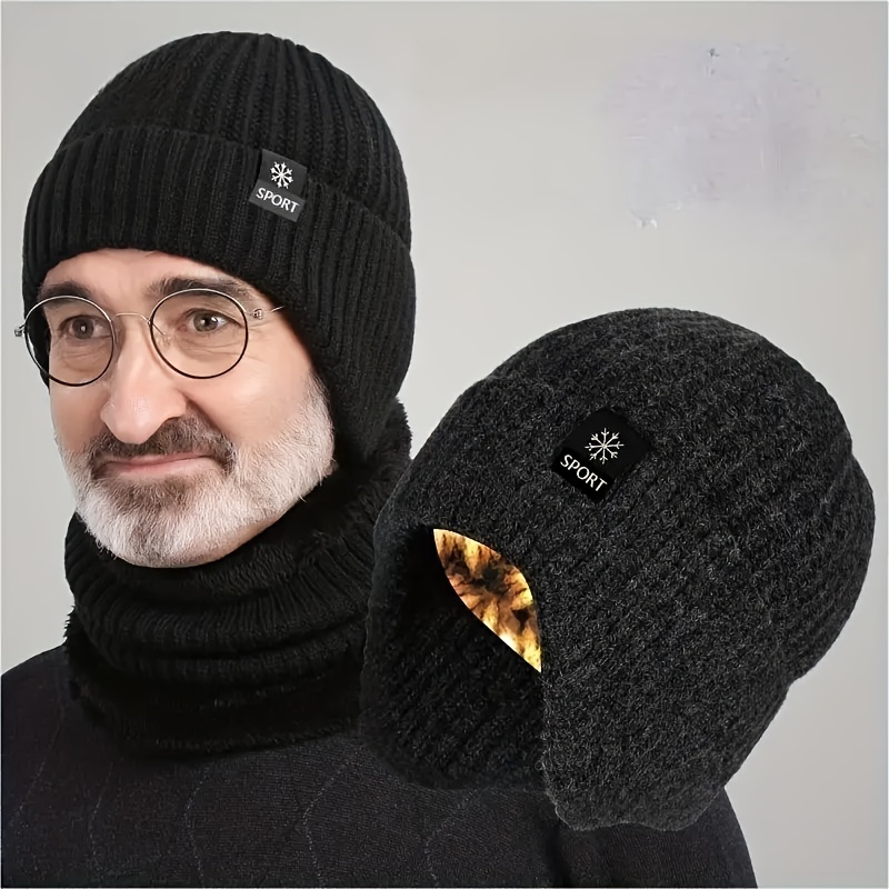 2pcs ear   fleece thick mens knitted hat neck gaiter for men autumn and winter details 0