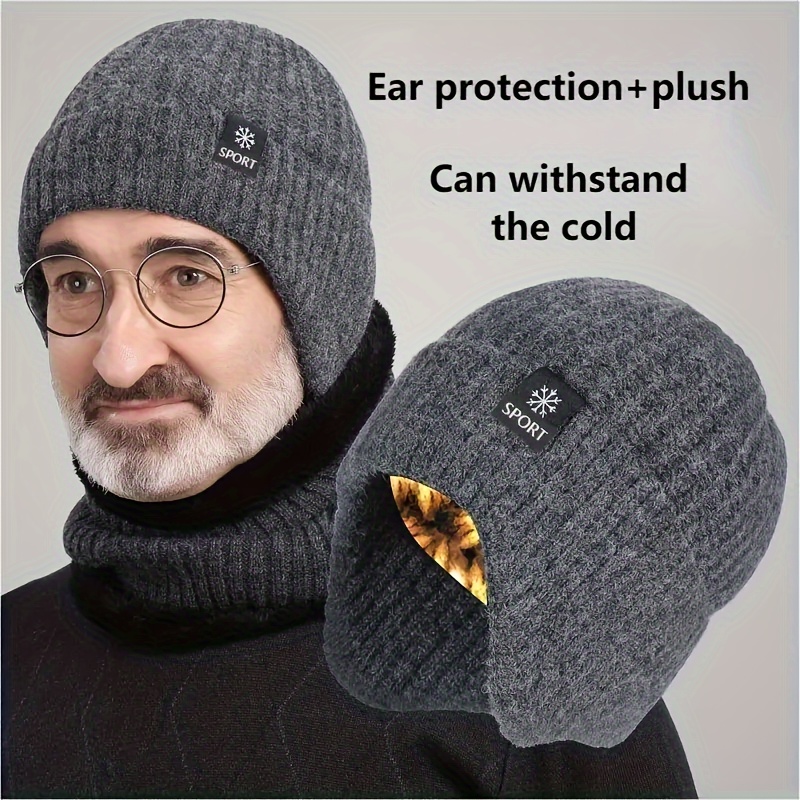 2pcs ear   fleece thick mens knitted hat neck gaiter for men autumn and winter details 1