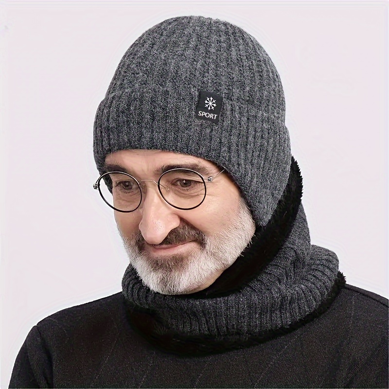 2pcs ear   fleece thick mens knitted hat neck gaiter for men autumn and winter details 5