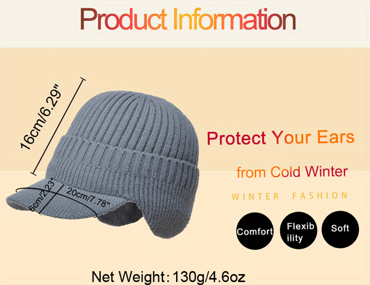 1pc mens winter beanie hat brim knit cuff beanie with ear detection for outside outgoing ideal choice for gifts details 2